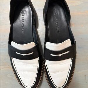 Freda Salvador D’orsay Black and White Leather Penny Loafers